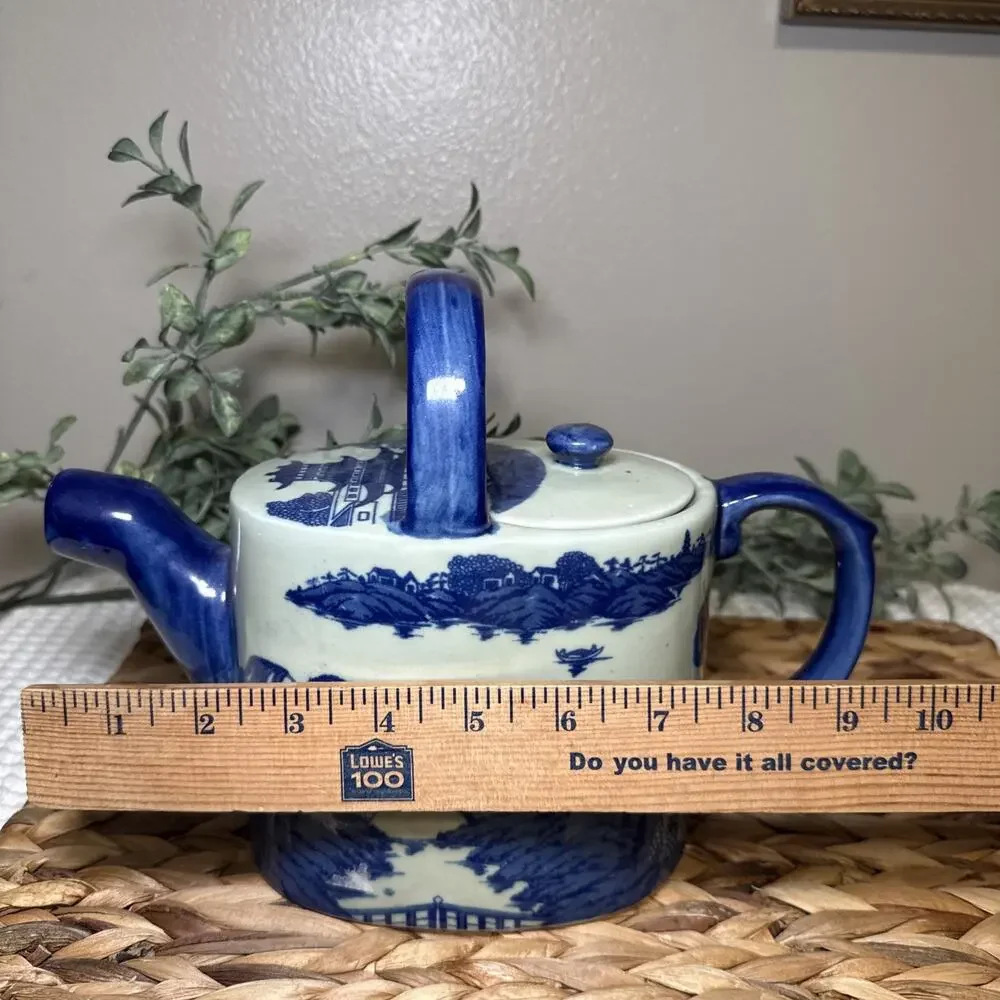 Victoria Blue White Ironstone Teapot Chinoiserie Landscape Handle 10.5” Vintage
